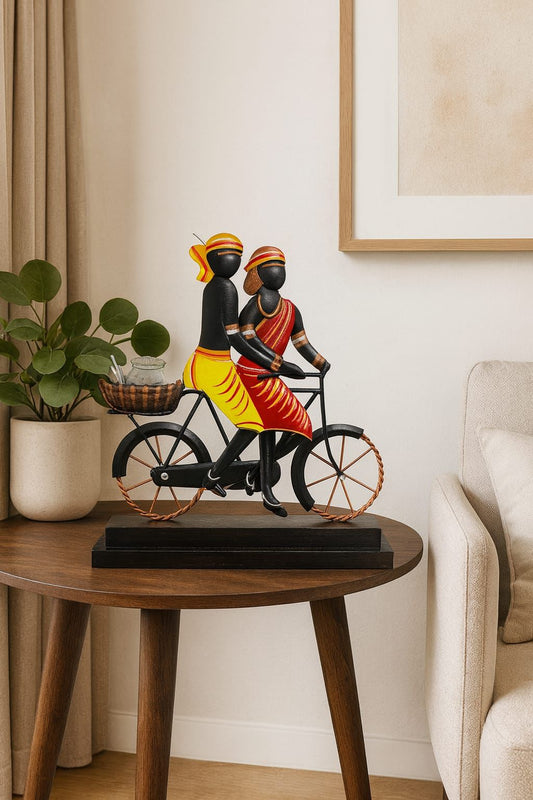 Handcrafted Bastar Tribal Couple on Bicycle Metal Art Showpiece
