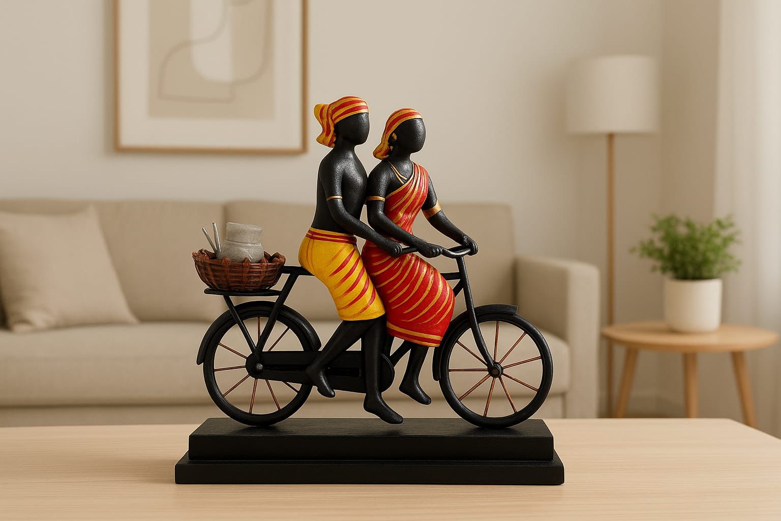 Handcrafted Bastar Tribal Couple on Bicycle Metal Art Showpiece