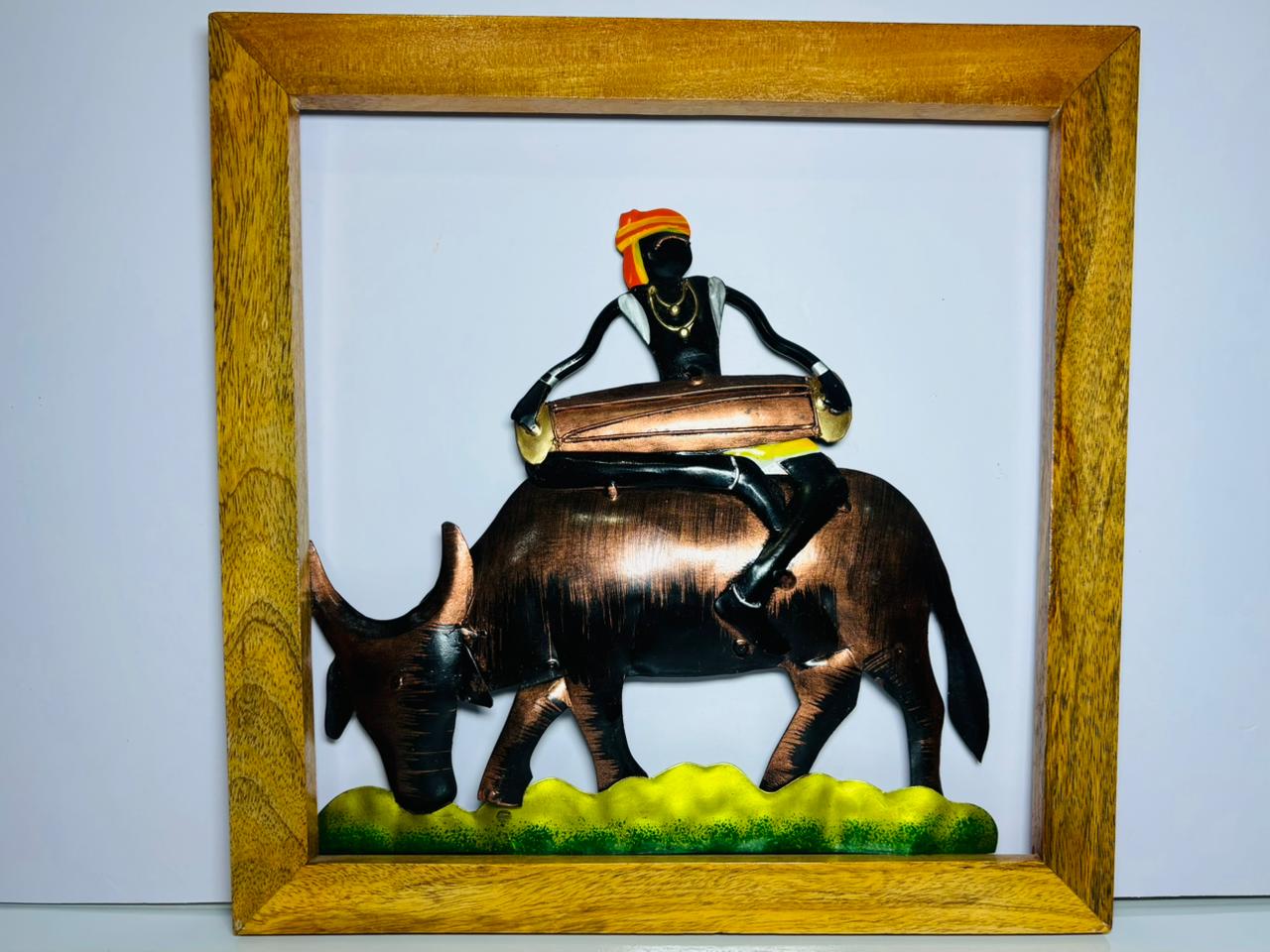 Handcrafted Tribal Metal Wall Art – Musician on Bull