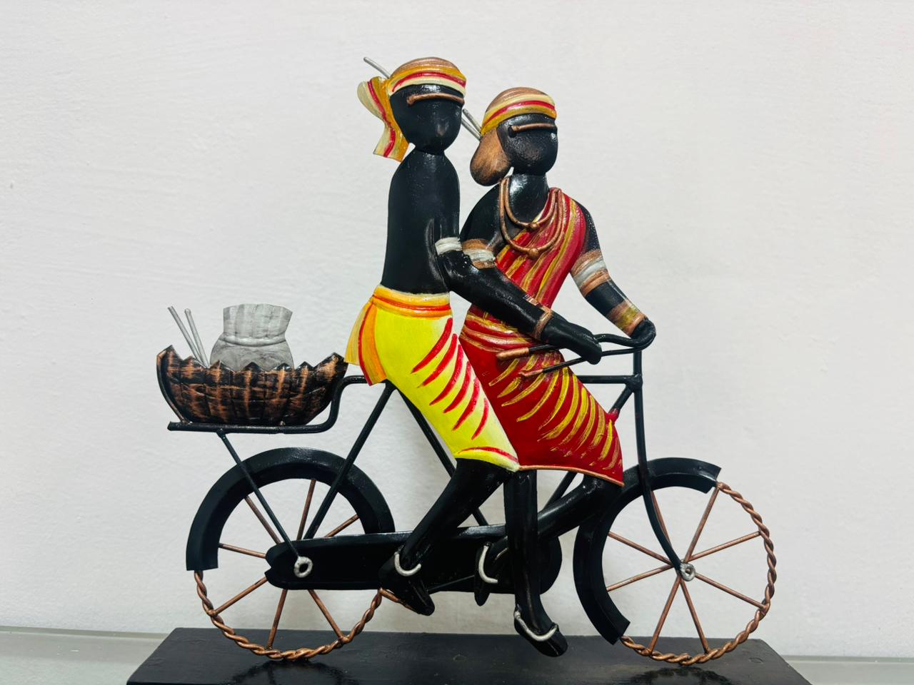 Handcrafted Bastar Tribal Couple on Bicycle Metal Art Showpiece