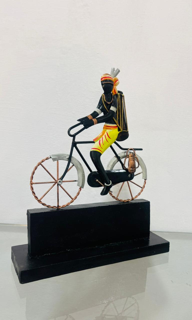 Handcrafted Bastar Tribal Metal Art – Tribal Man on Bicycle Showpiece