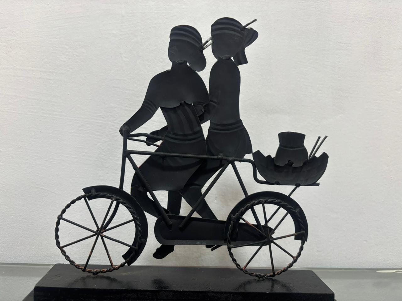 Handcrafted Bastar Tribal Couple on Bicycle Metal Art Showpiece