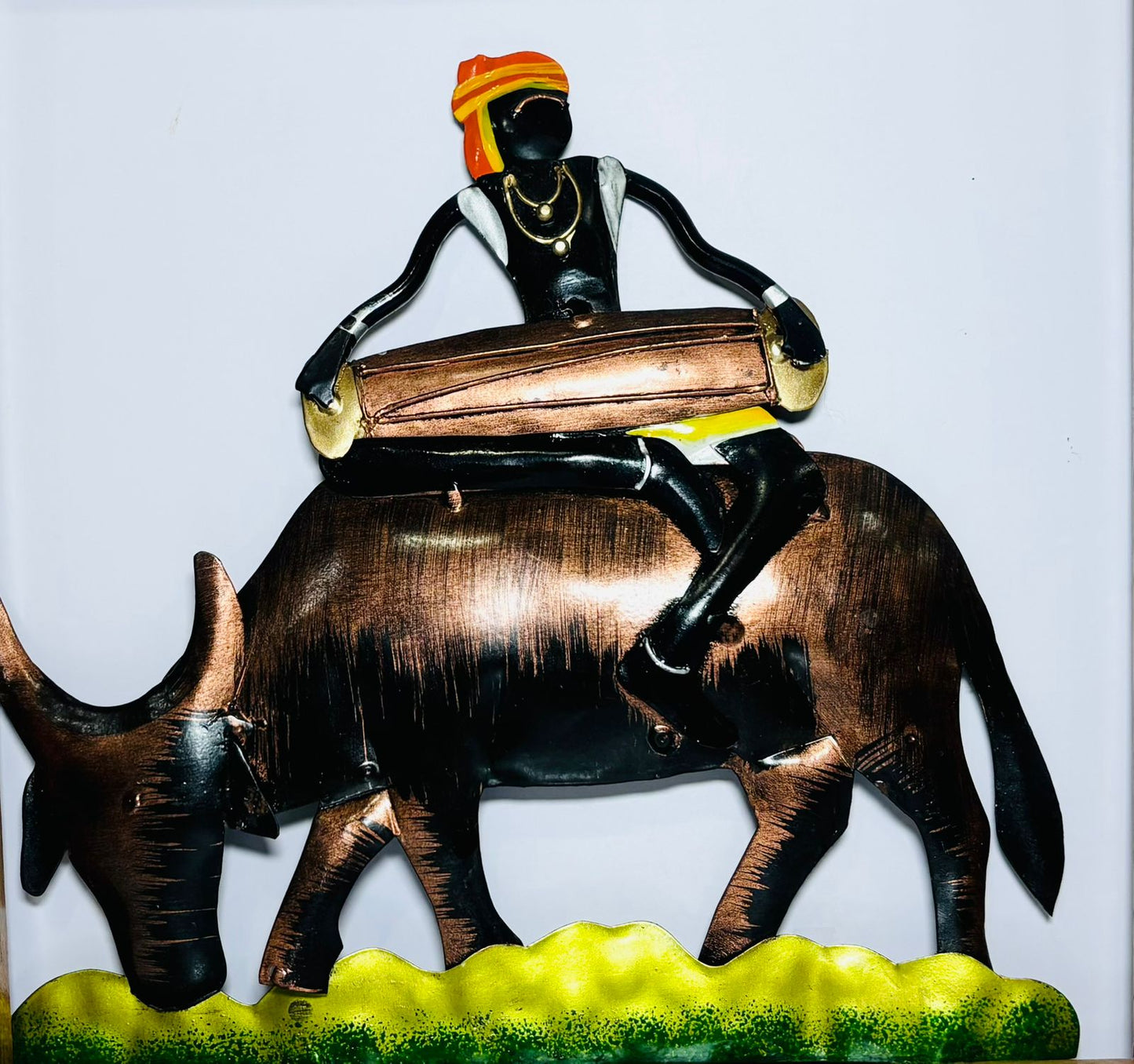 Handcrafted Tribal Metal Wall Art – Musician on Bull